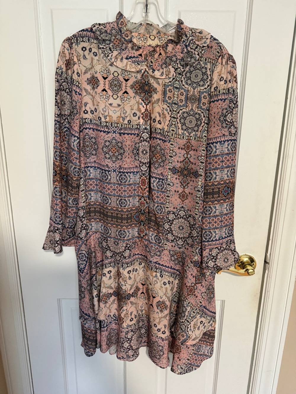 Parker Boho Print Ruffle Hem Dress in Blush Pink
